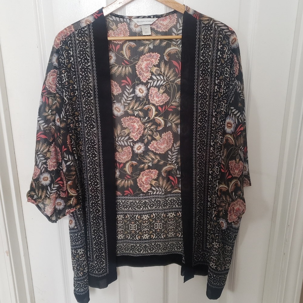 Christopher & Banks Black Floral Sheer Open Front Cardigan Kimono Small Festival